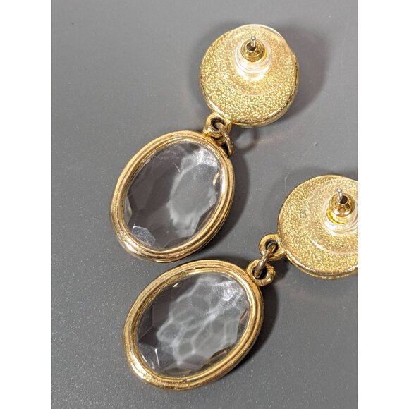 Vintage Gold Tone Faceted Oval Acrylic Bezel Faux Pearl Drop Pierced Earrings - Picture 9 of 10